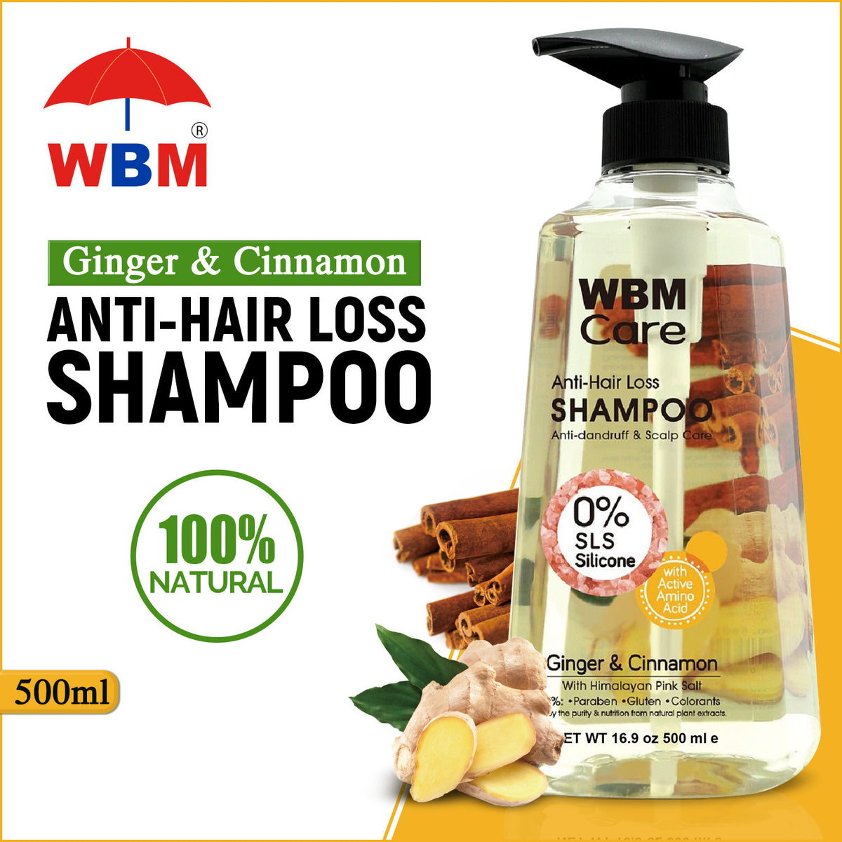 Hair Fall Solution with WBM Ginger & Cinnamon Shampoo – 500ml – WBM ...
