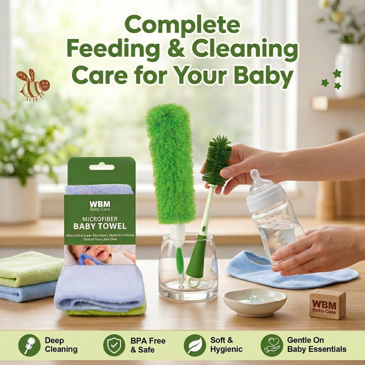 WBM Baby Feeding Cleaning Kit – Bottle Brush, Towels &amp; Duster (Any Random Color)