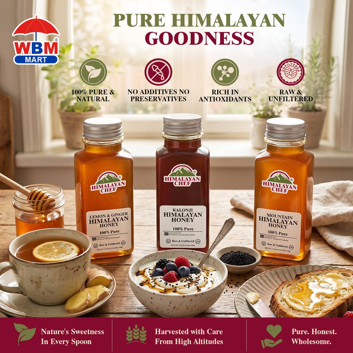 Honey + Lemon &amp; Ginger + Kalonji Honey - 3 lbs (1440g) - Pack of 3 | Himalayan Chef