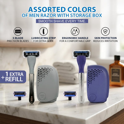 Portable Five Blade Men Razor with Storage Box & Extra Refill (Any One Random Color) | WBM Men Care