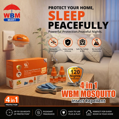 Mosquito & Flying Repellent Set 4-in-1 | Flying Insect Repellent Machine + 2 Liquid Refills + 6 Repellent Mats | WBM Home