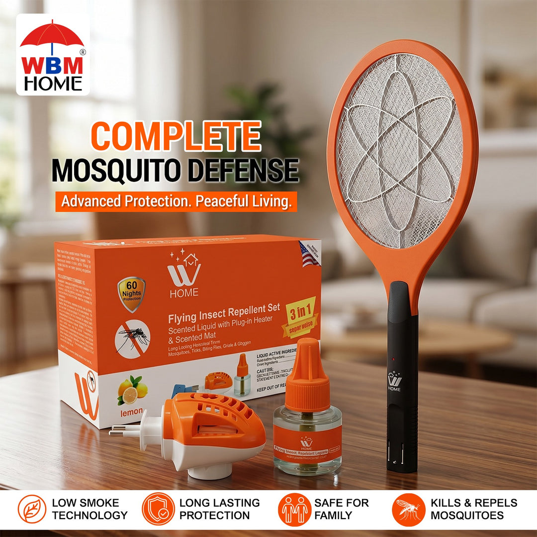 Dengue Defense Kit (Flying Insect Killer Racket + Liquid Repellent Machine with 45 ml Refill &amp; Mat) | WBM Home