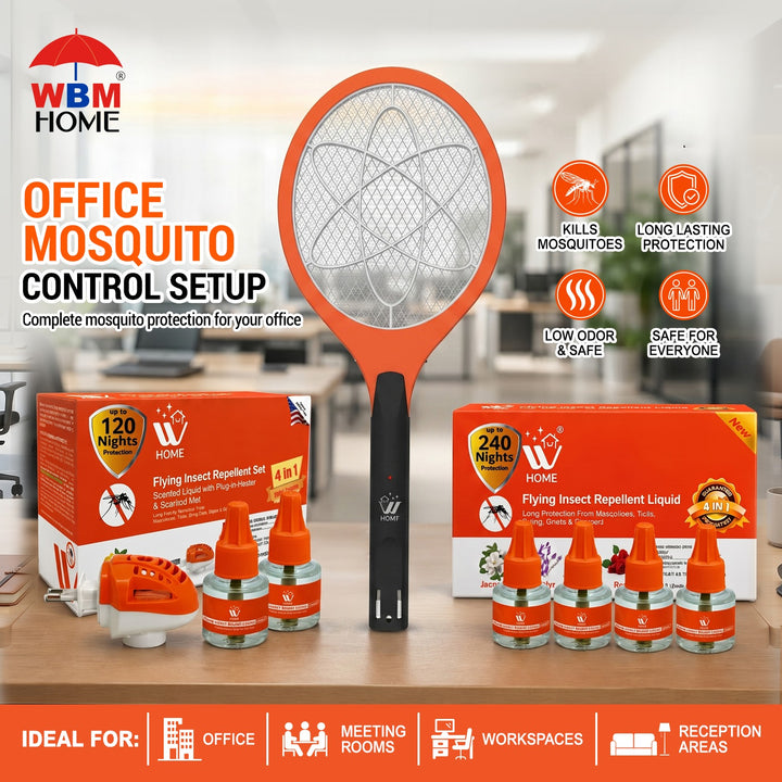 Office Mosquito Control Bundle – Machine + Liquid + Racket Combo | WBM Mart