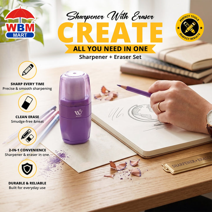 Sharpener With Eraser Set (Purple) | WBM World