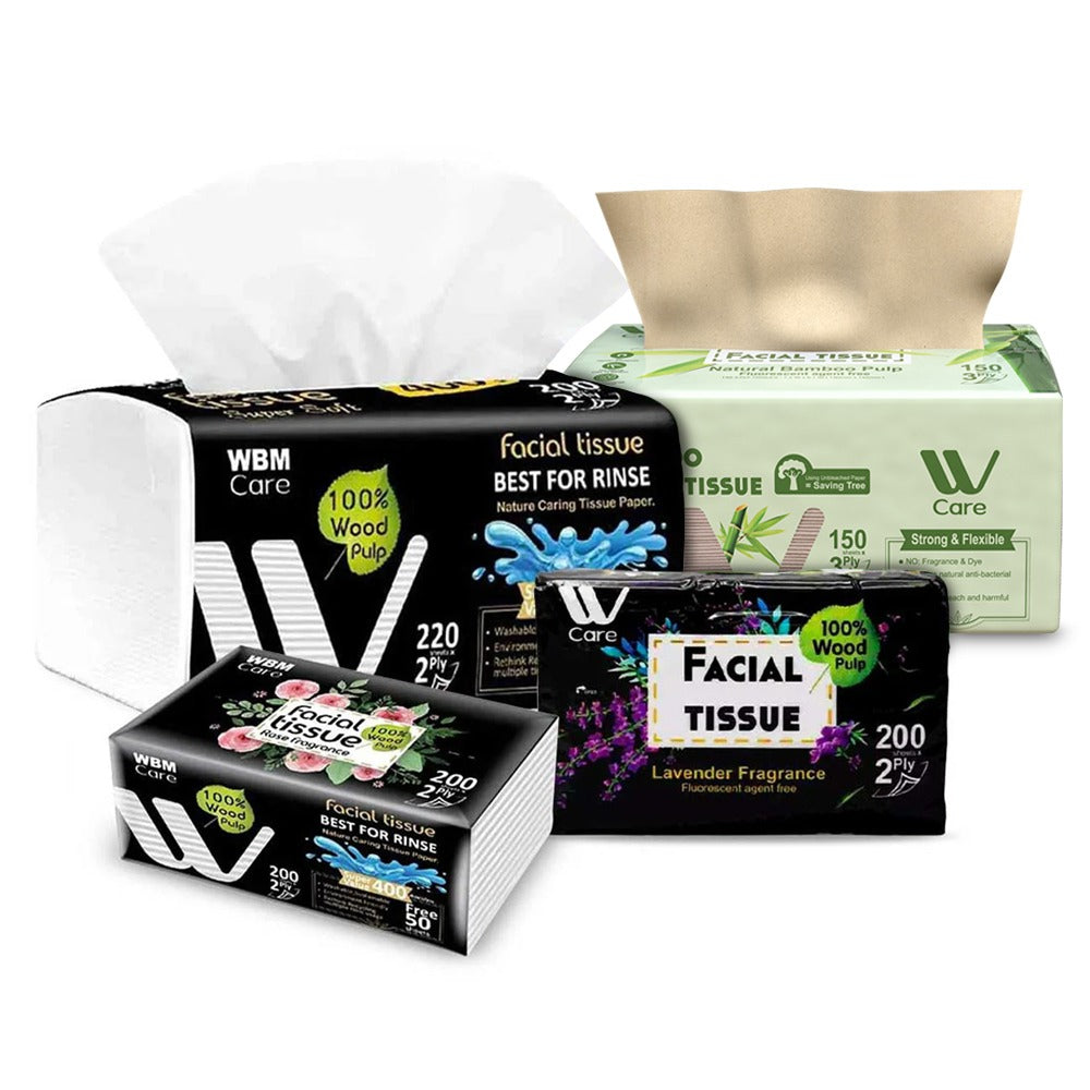 Pack of 4 Facial Tissues Set | Facial Tissues, Lavender Facial Tissues Rose Facial Tissues, Bamboo Facial Tissues | WBM Care