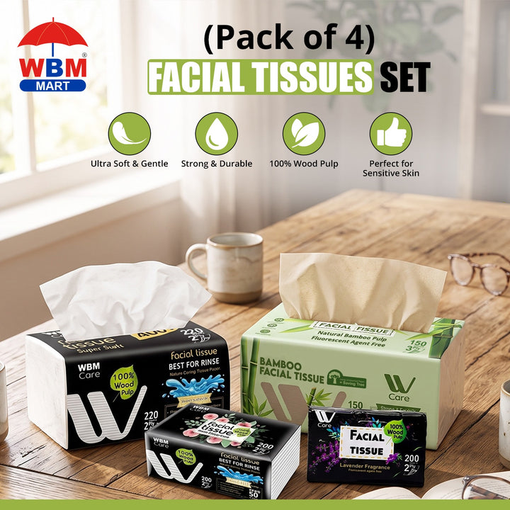 Pack of 4 Facial Tissues Set | Facial Tissues, Lavender Facial Tissues Rose Facial Tissues, Bamboo Facial Tissues | WBM Care
