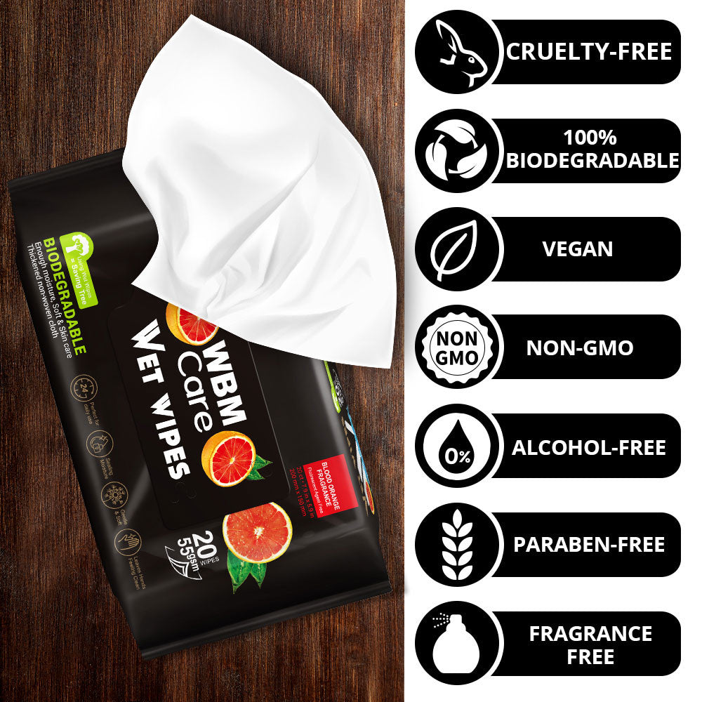 Biodegradable Wet Wipes, Blood Orange - 20 Pcs | WBM Care