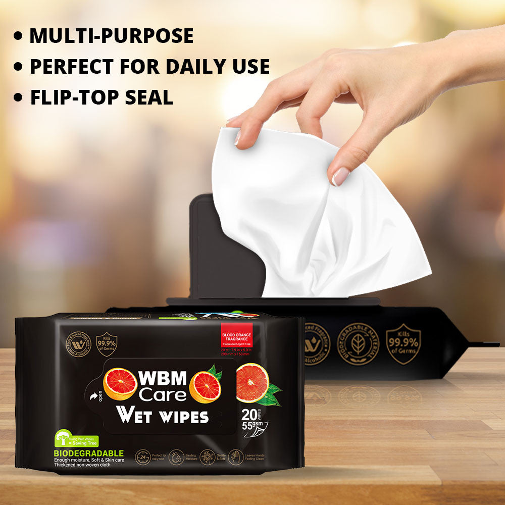 Biodegradable Wet Wipes, Blood Orange - 20 Pcs | WBM Care